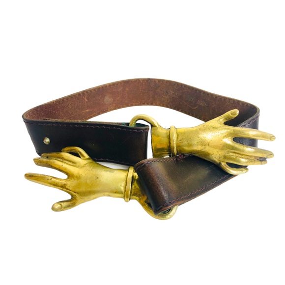 Vintage Accessories - VNTG 70s Brass Belt Clasping Hands Georges Mailian
